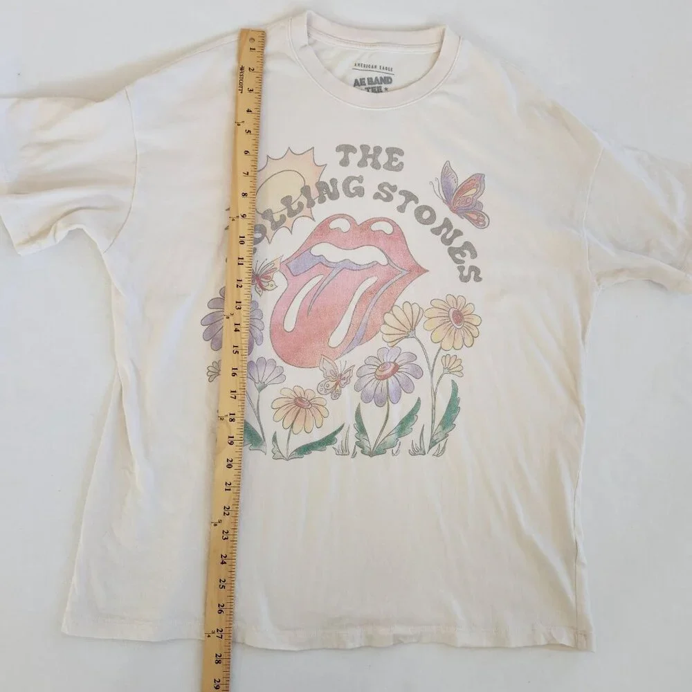 AE Band Tee American Eagle Rolling Stones Graphic Cream Floral Retro Casual Boho - Picture 8 of 8